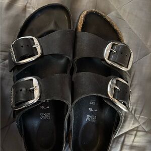 Birkenstock BIG BUCKLE 39 /8.5 size  black small damage to right shoe by toes